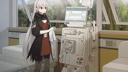  arknights bed black_jacket black_pantyhose braid crown_braid dialysis_machine doctor dress feet_out_of_frame female hair_between_eyes highres holster hospital id_card indoors jacket long_hair long_sleeves mcg6 open_clothes open_jacket open_window pale_skin pantyhose pointy_ears red_dress red_eyes short_dress smile solo standing thigh_holster thigh_strap towel very_long_hair warfarin_(arknights) white_hair window 