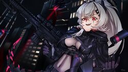  black_gloves breasts building commentary english_commentary female gloves grey_hair gun hair_ornament hairclip holding holding_gun holding_weapon indie_virtual_youtuber large_breasts long_hair looking_at_viewer navel open_mouth optionaltypo ponytail red_eyes saruei_(vtuber) saruei_(vtuber)_(1st_costume) scar scar_across_eye shadow smile solo upper_body virtual_youtuber weapon 