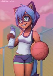  2021 absurd_res anthro ball basketball_(ball) bodily_fluids bottomwear brand_new_animal canid canine canister clothing female front_view gabbslines hi_res looking_away mammal metal_fence michiru_kagemori netflix portrait raccoon_dog shirt shorts smile solo sport studio_trigger sweat tank_top tanuki teeth three-quarter_portrait topwear water 