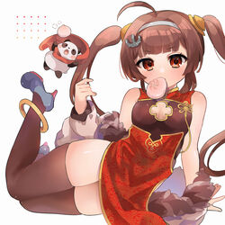  anchor_hair_ornament animal_ears anklet arm_support azur_lane baozi black_thighhighs blunt_bangs blurry breasts brown_hair china_dress chinese_clothes cleavage cleavage_cutout clothing_cutout coat commentary_request depth_of_field dress female food fur-trimmed_coat fur_trim hair_ornament hair_tubes hairband high_heels highres jewelry knees_together_feet_apart long_hair long_sleeves looking_at_viewer lying mouth_hold off_shoulder on_side panda panda_ears ping_hai_(azur_lane) playing_with_own_hair red_eyes side_slit sidelocks simple_background sleeveless sleeveless_dress takumi_mizuki thighhighs twintails white_background 