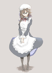  absurdres brown_hair commentary female full_body glasses green_eyes hat highres ikeshiki-chuujou long_hair low-tied_long_hair maid mob_cap original simple_background solo 