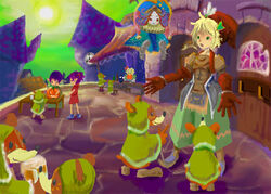  2boys alcohol artist_request beer bud_(lom) clock dubbear female jack-o&#039;-lantern legend_of_mana lisa_(lom) multiple_boys pumpkin seiken_densetsu toto_(lom) 