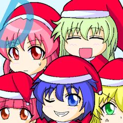  5girls :d ;d artist_request behoimi blue_eyes blue_hair blunt_bangs bobblehat closed_eyes green_eyes grin hat kurusu_yuzuko looking_at_viewer lowres media_(pani_poni) miyata_akira multiple_girls no_nose oekaki one_eye_closed open_mouth pani_poni_dash! pink_hair red_eyes santa_hat serizawa_akane short_hair smile source_request sweatdrop teeth upper_body 