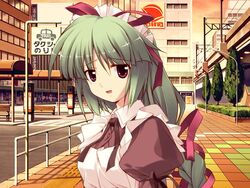  colorful_aquarium female game_cg green_hair kiba_satoshi long_hair maid red_eyes red_ribbon ribbon solo tooko_ferrarelle_tatsumi 