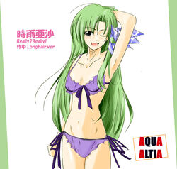  arm_up artist_request bad_anatomy bikini bow bow_bikini female green_hair long_hair navel one_eye_closed open_mouth purple_bikini really?_really! shigure_asa shuffle! side-tie_bikini_bottom simple_background solo swimsuit very_long_hair white_background 