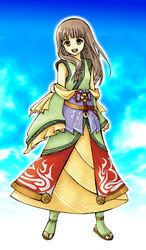  blunt_bangs brown_eyes brown_hair dress female full_body gensou_suikoden gensou_suikoden_v green_dress green_socks long_sleeves looking_at_viewer lowres lymsleia_falenas monyu sash shoes socks solo standing 