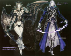  1boy adjusting_hair androgynous armlet armor armpits artistic_error bare_shoulders barefoot bat_wings bishounen black_panties boots breastplate breasts brown_hair castlevania:_lament_of_innocence castlevania_(series) chains character_name charcoal_(medium) claws corset crease cross-laced_clothes demon_girl earrings english_text engrish_text eyelashes faulds female fingernails flower front-tie_top glowing goth_fashion groin high_ponytail highres holding horns jewelry joachim_armster knee_boots kojima_ayami leg_warmers lips lipstick long_fingernails long_hair long_pointy_ears long_sleeves long_toenails magic makeup medium_breasts monster official_art oil_painting_(medium) painting_(medium) panties pants parted_lips pendant pointy_ears ponytail purple_flower purple_rose ranguage rose scan see-through slit_pupils smile standing succubus_(castlevania) tiara toenails traditional_media turtleneck typo underwear vampire victorian white_hair wings 