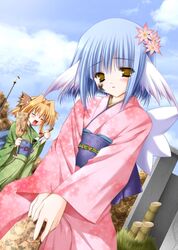  2girls animal_ears blonde_hair blue_hair blush calligraphy_brush cat_ears closed_eyes day drawing_on_another&#039;s_face dutch_angle flower hagoita hair_flower hair_ornament hanetsuki happy japanese_clothes kimono long_sleeves moekibara_fumitake multiple_girls outdoors paddle paintbrush purism_egoist run_(purism_egoist) short_hair tears wings yellow_eyes yumina 