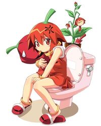  blush boukun_habanero chili_pepper dress female habanero-tan habanero_pepper lowres netrunmon red_eyes red_hair slippers solo toilet toilet_use watanabe_akio 