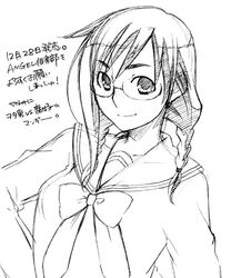  female glasses greyscale kuroo_(project_apricot) long_sleeves monochrome original photoshop_(medium) school_uniform solo 