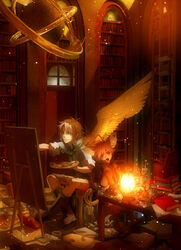  2boys animal_ears book bookshelf brown_hair copyright_request easel lantern library male_focus multiple_boys painting_(action) palette_(object) red_eyes short_hair sitting tail wings yuanmaru 