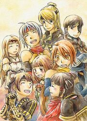  4boys 4girls :d ^_^ ahoge armor bad_anatomy blonde_hair blunt_bangs blush bow brown_hair closed_eyes freyjadour_falenas gauntlets gensou_suikoden gensou_suikoden_v georg_prime grey_hair hairbow head_tilt kyle_(suikoden) long_hair lowres luserina_barows lymsleia_falenas lyon_(suikoden) miakis_(suikoden) multiple_boys multiple_girls open_mouth orange_hair own_hands_clasped own_hands_together ponytail profile red_scarf roy_(suikoden) scarf sidelocks smile upper_body very_long_hair yellow_eyes 