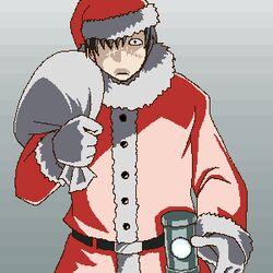  1boy artist_request christmas long_sleeves lowres male_focus oekaki pumpkin_scissors randal_orlando santa_costume solo 