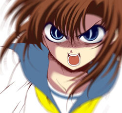  ascot blue_eyes blue_sailor_collar brown_hair collarbone crazy_eyes female higurashi_no_naku_koro_ni motion_blur ryuuguu_rena sailor_collar school_uniform serafuku shaded_face solo suzuragi_karin upper_body uso_da white_background yellow_ascot 