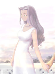  cloud cloudy_sky copyright_request dress female green_eyes grey_hair holding_hands itsuki_torii long_hair outdoors parted_bangs parted_lips railing sky sleeveless sleeveless_dress smile solo_focus sunset 