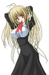  1boy adjusting_hair antenna_hair arms_behind_head arms_up ayuhara_hiiro black_dress blonde_hair breast_padding breasts brown_eyes cowboy_shot crossdressing dress framed_breasts large_breasts long_hair long_sleeves looking_at_viewer male_focus male_with_breasts miyanokouji_mizuho mouth_hold narrow_waist otoko_no_ko otome_wa_boku_ni_koishiteru simple_background solo standing tying_hair very_long_hair white_background 