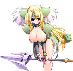  armor blonde_hair blue_eyes breasts cleavage female gloves gunner-l huge_breasts long_hair low-tied_long_hair polearm ribbon riesz seiken_densetsu seiken_densetsu_3 smile solo spear weapon 