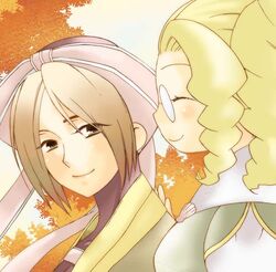  2girls ^_^ autumn_leaves blonde_hair brown_eyes brown_hair closed_eyes closed_mouth collarbone curly_hair fuyo gensou_suikoden gensou_suikoden_v glasses hat long_hair looking_at_viewer looking_to_the_side lowres multiple_girls pink_hat rimless_eyewear round_eyewear sagiri_(suikoden) sakuraguni smile upper_body 