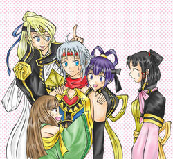  2boys 3girls bad_anatomy bow freyjadour_falenas gensou_suikoden gensou_suikoden_v kyle_(suikoden) lowres lymsleia_falenas lyon_(suikoden) miakis_(suikoden) multiple_boys multiple_girls photoshop_(medium) pink_bow 