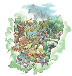  1boy artist_request female imu_(lom) landscape legend_of_mana long_sleeves lowres outdoors scenery seiken_densetsu toto_(lom) 