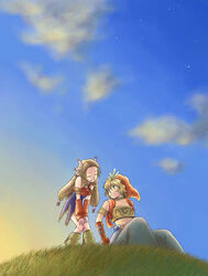  1boy cloud day female hat imu_(lom) kyuu_(komugi) legend_of_mana long_hair outdoors photoshop_(medium) seiken_densetsu sky toto_(lom) 