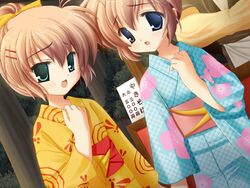  1boy 2girls blue_eyes brown_hair festival floral_print game_cg green_eyes hair_ornament hairclip hajimete_no_orusuban hajimete_no_otetsudai hand_on_own_chest head_out_of_frame holding_hands japanese_clothes kimono long_hair long_sleeves mizuki_saori mizuki_shiori multiple_girls obi open_mouth ponytail ribbon sash siblings sin-go sisters twins yukata 