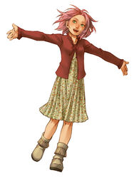  blush boots cardigan dress female floating_hair full_body green_eyes grey_footwear hands_up kobashi long_sleeves lowres medium_dress naruto naruto_(series) open_mouth outstretched_arms pink_hair red_cardigan sakura_haruno short_hair simple_background smile solo white_background 