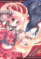  2girls animal_ears blonde_hair blue_eyes cat_ears collar cuffs elbow_gloves evemoina glasses gloves goth_fashion handcuffs multiple_girls original photoshop_(medium) plaid plaid_skirt red_eyes skirt yousisi 