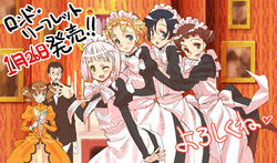  5girls :d :o ;d angry apron black_hair blonde_hair blue_eyes blush bob_cut bow bowtie braid brown_hair character_request collet_lloyd double_bun dress drill_hair earrings everyone flat_chest folding_fan formal frown glasses gloves green_eyes grin hair_bun hairbow hand_fan hug hug_from_behind jewelry lineup lita_(rondo_leaflet) lolita_fashion long_sleeves maid maid_headdress matthew_hamilton multiple_girls nina_edwards nina_hopkins one_eye_closed open_mouth painting_(object) robinetta_ashley rondo_leaflet short_hair short_twintails smile standing suit traditional_bowtie translation_request turtleneck twin_drills twintails waving white_hair youta 