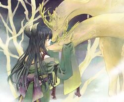  black_hair chinese_clothes closed_eyes creature female hands_in_opposite_sleeves horns long_hair long_sleeves lowres original qilin_(mythology) sakuraguni tree 