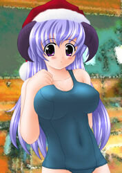  alternate_breast_size breasts christmas covered_navel female hanyuu hat higurashi_no_naku_koro_ni horns impossible_clothes impossible_swimsuit long_hair one-piece_swimsuit purple_eyes purple_hair ryuukishi07_(style) santa_hat satau_(psg) school_swimsuit solo source_request swimsuit 