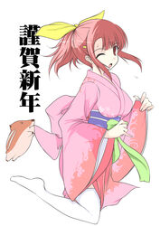  95-tan boar female japanese_clothes kimono long_sleeves new_year os-tan painttool_sai_(medium) pink_hair pink_kimono ponytail shijou_sadafumi solo sweat thighhighs 