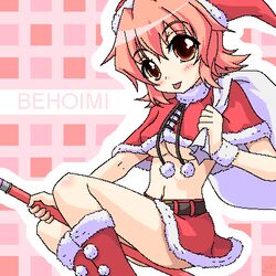  artist_request behoimi belt boots breasts christmas female fur_trim hat looking_at_viewer lowres medium_breasts navel oekaki pani_poni_dash! pink_hair santa_costume santa_hat short_hair solo source_request underboob 