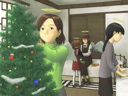  4girls angel black_hair braid brown_eyes brown_hair christmas christmas_ornaments christmas_tree glasses haibane_renmei halo indoors kuramori_(haibane) long_hair long_sleeves multiple_girls nemu_(haibane) pantyhose reki_(haibane) short_hair single_braid sleeves_rolled_up traditional_halo twintails white_pantyhose wings yasunon 