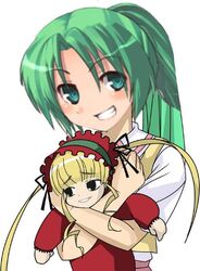  2girls crossover exif_thumbnail_surprise grin higurashi_no_naku_koro_ni multiple_girls parody photoshop_(medium) rozen_maiden shinku smile sonozaki_mion third-party_edit 