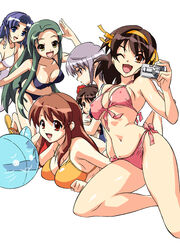  6+girls asahina_mikuru asakura_ryouko ball beachball bikini black_hair blue_eyes blue_hair bob_cut breast_press breasts brown_hair camera cleavage covered_nipples everyone flower front-tie_top green_hair hair_flower hair_ornament hair_ribbon hairband happy kizaki_(volvox) kneeling kyon&#039;s_sister large_breasts lolicon long_hair medium_hair multiple_girls nagato_yuki navel non-web_source oerba_yun_fang one_eye_closed orange_eyes orange_hairband purple_hair red_eyes ribbon sandals school_swimsuit short_hair side-tie_bikini_bottom smile suzumiya_haruhi suzumiya_haruhi_no_yuuutsu swimsuit tsuruya very_long_hair waving yellow_eyes 