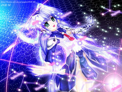  :d aquila_(constellation) blue_dress blue_hair cepheus_(constellation) constellation cygnus_(constellation) dress dutch_angle female green_eyes hexagon honeycomb_(pattern) hoshino_yumemi loincloth long_sleeves looking_at_viewer lyra_(constellation) musashinomiya_(jnr-m) necktie no_panties open_mouth planetarian red_necktie smile solo sparkle standing 