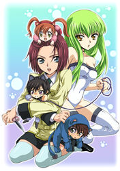  2boys 3girls animal_ears ashford_academy_school_uniform blue_eyes c.c. cat_ears chibi code_geass green_hair iyou kouzuki_kallen kururugi_suzaku lelouch_vi_britannia long_hair long_sleeves mizuno_poppo multiple_boys multiple_girls red_hair school_uniform shirley_fenette thighhighs 