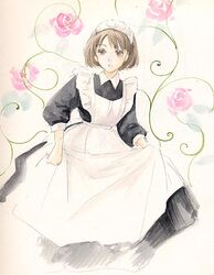  brown_hair copyright_request female floral_background flower long_sleeves lowres maid mori_kaoru rose short_hair solo 