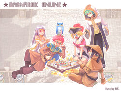  2girls 3boys alchemist_(ragnarok_online) animal_on_head bandages bard_(ragnarok_online) belt bf._(sogogiching) bird bird_on_head black_coat black_hair black_pants black_shorts blonde_hair blue_cape blunt_bangs board_game boots bracelet breasts brown_capelet brown_coat brown_footwear brown_pants brown_shirt cape capelet championship_belt choker cigarette cleavage closed_mouth coat coin dancer_(ragnarok_online) everyone full_body fur-trimmed_jacket fur-trimmed_shorts fur_trim game_screenshot glasses green_eyes green_hair hat headphones hood hooded_coat jacket jewelry layered_sleeves long_hair long_sleeves looking_at_another medium_breasts monk_(ragnarok_online) multicolored_coat multiple_boys multiple_girls navel on_head open_clothes open_coat open_mouth owl pants photoshop_(medium) pink_hair pirate_hat pointy_ears ponytail purple_hair ragnarok_online red_eyes red_jacket rogue_(ragnarok_online) round_eyewear shirt short_hair short_over_long_sleeves short_shorts short_sleeves shorts sitting skirt smile smoke source_request tattoo two-tone_coat white_coat white_pants 