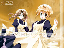  2girls apron blonde_hair brown_hair glasses green_eyes harukawa_tomomi kao_no_nai_tsuki kurihara_sayaka long_sleeves maid multiple_girls nanao_naru short_hair twintails yellow_eyes 