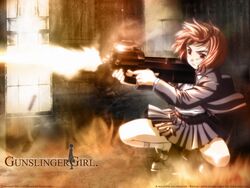  bob_cut brown_eyes brown_hair bullpup corrupted_metadata duplicate female fire firing gun gunslinger_girl henrietta_(gunslinger_girl) ishii_kumi jpeg_artifacts long_sleeves muzzle_flash p90 shell_casing short_hair solo squatting submachine_gun third-party_edit weapon 