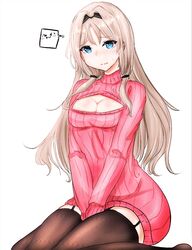  an-94_(girls&#039;_frontline) black_thighhighs blonde_hair blue_eyes blush breasts cleavage closed_mouth female garter_straps girls&#039;_frontline hairband hands_on_floor long_hair looking_at_viewer medium_breasts meme_attire on_floor open-chest_sweater peroronti pink_sweater sitting solo sweater thighhighs white_background 