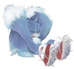  2009 anthro arms_above_head blue_body blue_fur closed_eyes clothing eulipotyphlan fluffy footwear fur male mammal niwa0w0 sega shoes simple_background sitting solo sonic_the_hedgehog sonic_the_hedgehog_(series) sonic_the_werehog sonic_unleashed were wereeulipotyphlan werehog white_background 