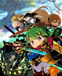  1boy 3girls absurdres ahoge alchemist_(sekaiju) alchemist_1_(sekaiju) armor aura blonde_hair blue_eyes bright_pupils cape commentary_request fingerless_gloves gauntlets gloves gold_trim green_eyes green_hair hair_ornament hairclip hero_(sekaiju) hero_2_(sekaiju) highres himukai_yuuji holding holding_shield holding_sword holding_weapon long_hair medic_(sekaiju) medic_2_(sekaiju) multiple_girls official_art orange_hair paladin_(sekaiju) paladin_2_(sekaiju) pauldrons profile purple_eyes red_cape scarf scarf_over_mouth sekaiju_no_meikyuu sekaiju_no_meikyuu_x shield short_hair shoulder_armor sky sword tree weapon 