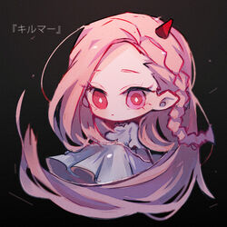  braid chibi commentary_request dress female gaito-san heterochromia horns kalmia_(shama) kilmer_(vocaloid) long_hair pink_eyes pink_hair pointy_ears simple_background solo song_name 