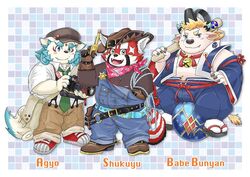  2021 agyo_(tas) ailurid anthro asian_mythology babe_bunyan_(tas) belly black_body blue_body bottomwear bovid bovine cattle clothing cowboy cowboy_hat cute_fangs east_asian_mythology foo_dog footwear group hat headgear headwear humanoid_hands japanese_mythology kemono komainu lifewonders male mammal mijinko mijinkoooknijim mythology necktie overalls overweight overweight_male pants red_panda sandals shirt tokyo_afterschool_summoners topwear weapon white_body yokai zhurong_(tas) 