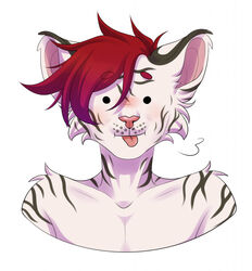  anthro axiomx blep bust_portrait cheek_tuft dot_eyes facial_markings facial_tuft felid finnian_ennis fur grey_body grey_fur grey_stripes hair head_markings hi_res male mammal markings owo pantherine pbbt pink_inner_ear pink_nose portrait red_hair solo striped_body striped_fur stripes tiger tongue tongue_out tuft white_body white_fur 