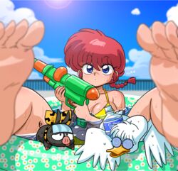  animal bare_legs bare_shoulders barefoot bikini bird blue_eyes blue_sky blurry blurry_background blurry_foreground bottle braid breasts closed_mouth commentary_request day duck female foreshortening genderswap_(mtf) glasses hair_between_eyes holding long_hair looking_up medium_breasts mousse_(duck)_(ranma_1/2) navel outdoors p-chan partially_submerged pig piglet railing ranma-chan ranma_1/2 red_hair rule_63 single_braid sitting sky soles spread_legs stomach summer super_soaker swimsuit toes tongue tongue_out wanta_(futoshi) water wet yellow_bikini 