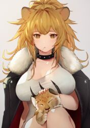  animal animal_ears arknights black_choker black_coat blonde_hair blush breasts candy choker cleavage closed_mouth coat commentary english_text female food fur-trimmed_coat fur_trim grey_background holding holding_animal jacket jacket_on_shoulders large_breasts lion lion_cub lion_ears lollipop long_hair looking_at_viewer mouth_hold nido_celisius on_lap open_clothes open_coat ponytail siege_(arknights) simple_background sitting solo studded_choker tank_top white_tank_top yellow_eyes 